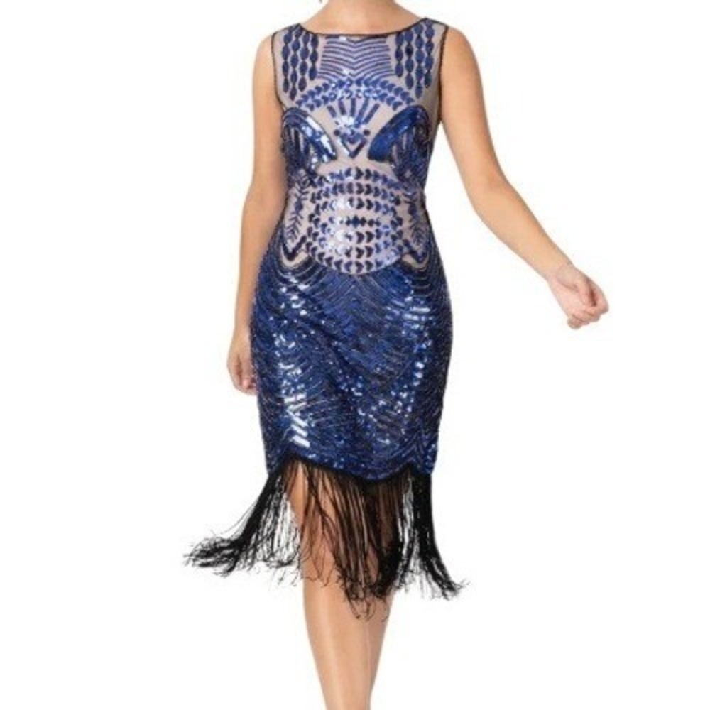 NWT‎ Unique Vintage Flapper Dress 1X/16 Blue Sequin Fringe Whimsy 1920's Gatsby